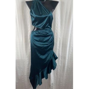 NEW Lulu’s One Shoulder Cut Out Satin Emerald Dress, Size small